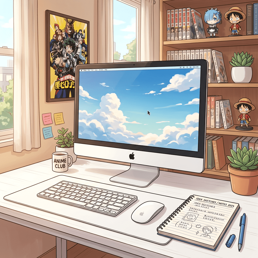 Workspace with computer showing blue sky wallpaper, anime poster, figures, and notebook